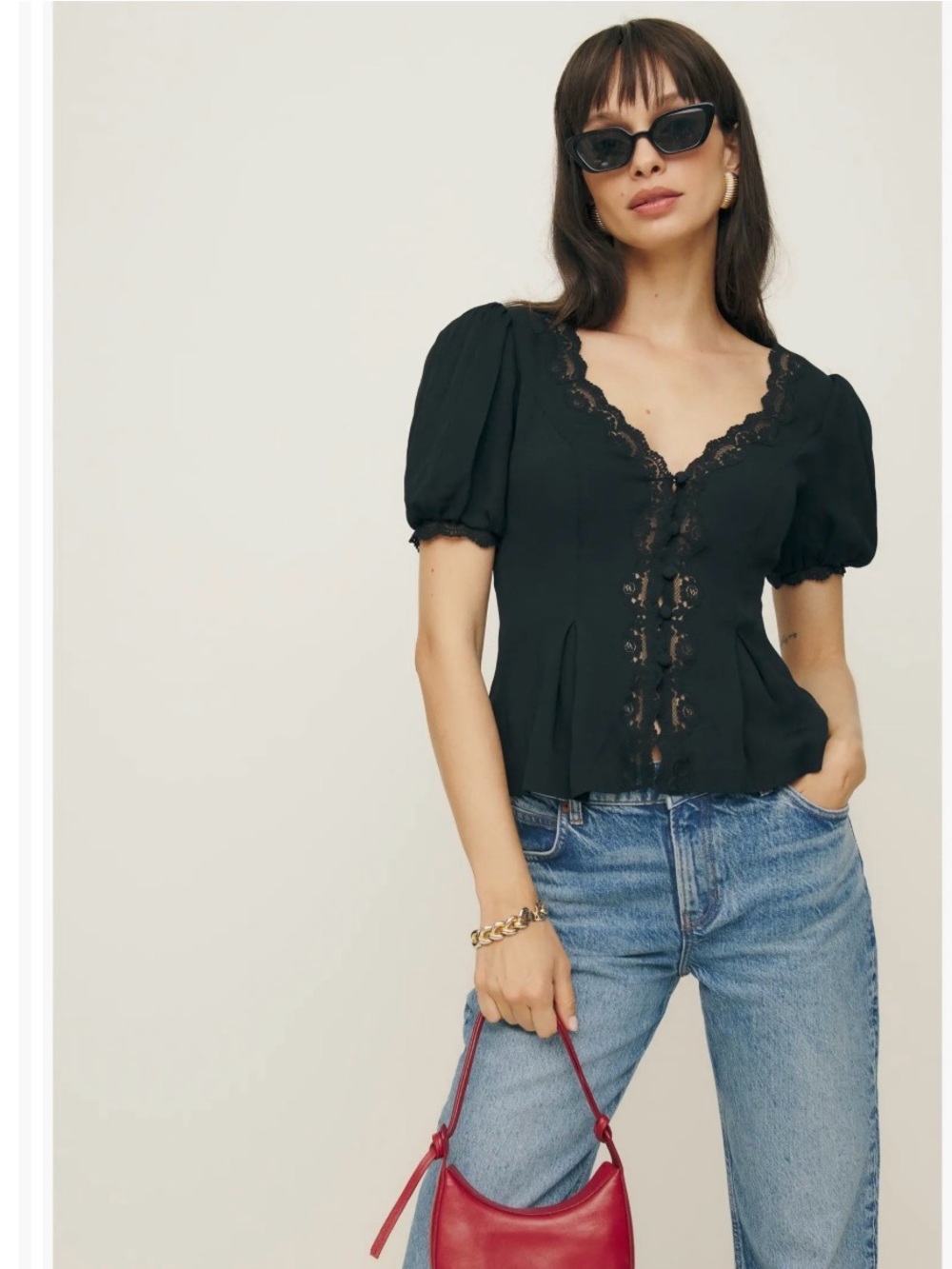 Reformation Minette Top Black Lace-Trim - Picture 2 of 7